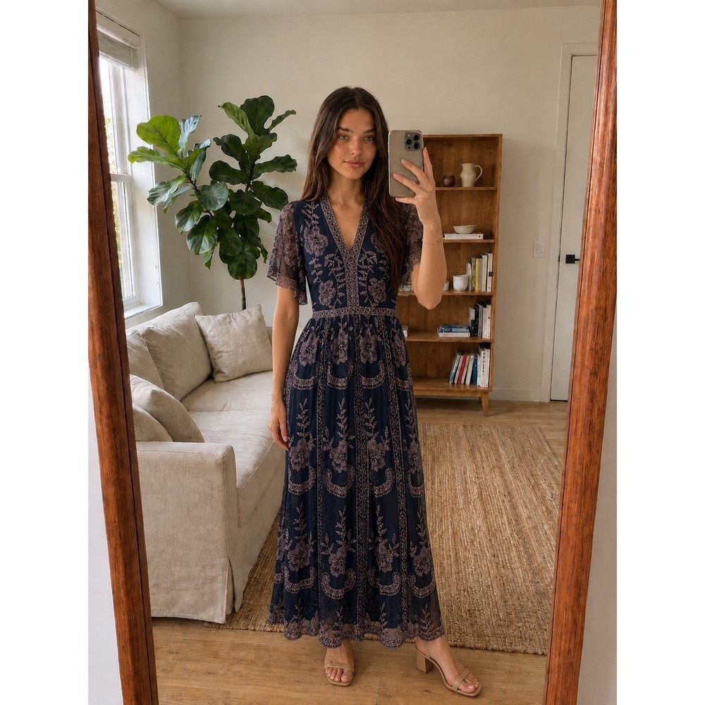 Altar'd State Embroidered Lace Maxi Dress S Navy Floral Mesh Boho Fairy Festival